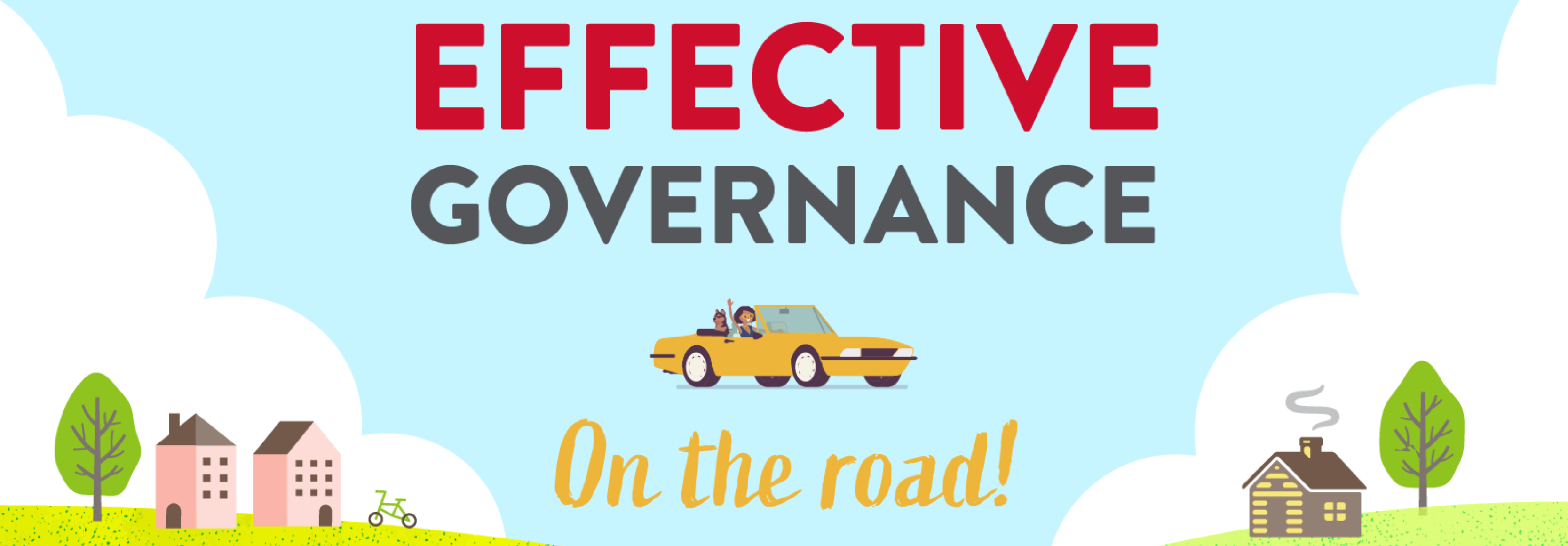 Effective Goverance on the Road logo with a car over a landscape with city on one side and country on the other